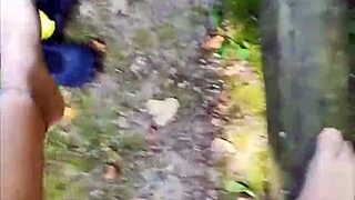 Balancing outdoors barefoot in sheer pantyhose feels so teasing