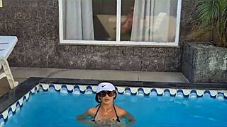 ATHLETIC LATINA MILF FLASHES BIG PUSSY AND TITS IN POOL. CASTING INTERVIEW GETS WILD WITH CLIT PLAY AND EXHIBITIONISM