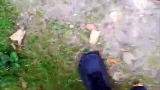 Balancing outdoors barefoot in sheer pantyhose feels so teasing