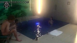 friends jump into a wild threesome splashing around the motel pool