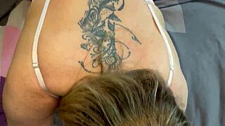 stepmom sucks son's huge cock and licks balls in homemade lingerie blowjob