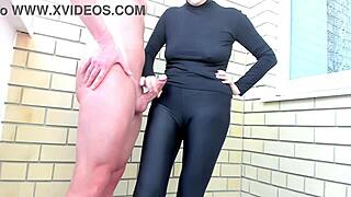 What if your legging-clad CFNM stepmom jerked your huge stallion cock on the street?