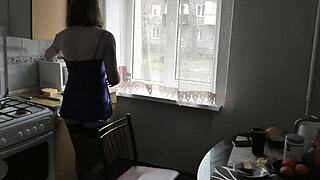 a sexy girl's morning ritual flaunts ass legs in lingerie while brewing coffee