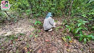 Thai teen hikes forest flashing pussy in public woods