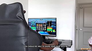 curvy ebony big tits babe sucks step-bro's huge cock while he games anime style