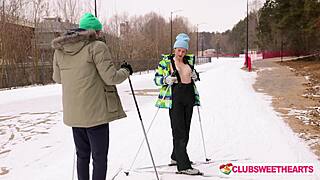 jane white drops to knees for deepthroat then rides big cock apres ski outdoors