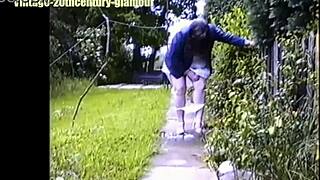 bank manager elizabeth hogben just pees right in her back garden 😏 skirt up stockings on