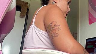 chubby ebony babe farts LOUD at her home office desk