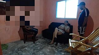 unfaithful wife kneels sucking husband's friend cock right in front of him then rides hard