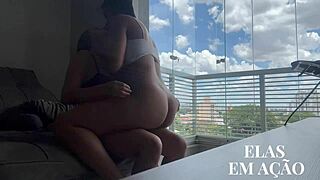 curvy brazilian girlfriend rides my cock wildly on the balcony outdoors