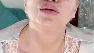 Russian stepmom in lingerie teases son with dirty talk, sucks then fucks dildo to orgasm