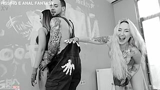 house painter rams monster cock deep into two horny sluts' asses and pussies