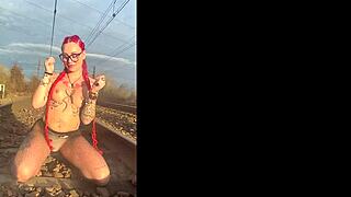lologangx dances with anal toys buttplug and pierced nipples on public train