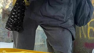 Snow slut flashes dildo toys in forest public exhibitionist party