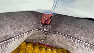 Roommate in ripped jeans moans as muscular guy fucks her tight pussy