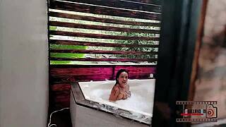 spying on juicy neighbor's tight pussy getting pounded by huge cock in shower