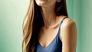 cute model slips into blue bra and panties looking barefoot sexy