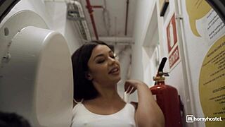 wanna see this squirting brunette risk it all fucking before janitor busts her?