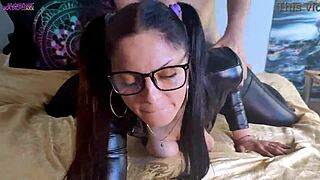 mia maripolla sucks cock then rides in leather catsuit for cum loads?