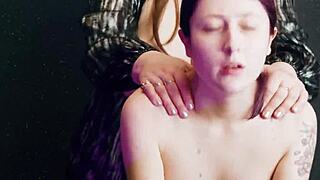 Strap-On Pounds Skinny Stepdaughter Licks Coffee from Tits