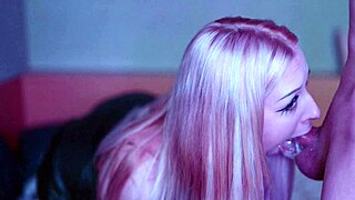 she kneels submissively slurping monster cock balls deep with gagging saliva dripping in sensual homemade closeup