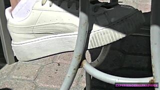 Watch Helena Price tease upskirt as exhibitionist wife flashes hairy pussy publicly in part 1.