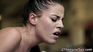 Eurobabe grinds small tits on lover's cock cowgirl hard