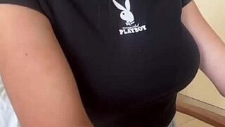 whoa stepmom pulls out those huge natural tits in shorts and licks her own nipples