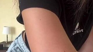 whoa stepmom pulls out those huge natural tits in shorts and licks her own nipples