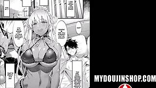 whoa, anime babe's bikini barely holds those huge tits in denim tease