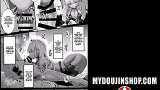 whoa, anime babe's bikini barely holds those huge tits in denim tease