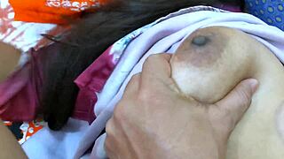 Amateur housewife neighbor endures first-time rough fucking on bed