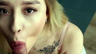 blonde cutie in lace takes deepthroat pounding then rides cock to cum-covered finish