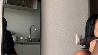 she drops to knees devouring his huge cock with braces