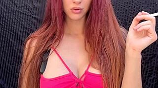 italian milf artemisia love smokes fetish cigarette outdoors in bikini showing long hair big tits