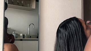 she drops to knees devouring his huge cock with braces