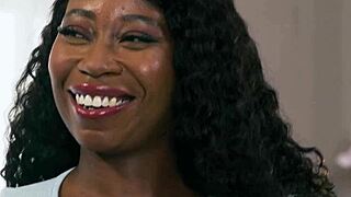 Ebony babe's oiled pussy licked in massage turning to interracial face sitting fuck