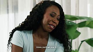 Ebony babe's oiled pussy licked in massage turning to interracial face sitting fuck