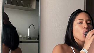 she drops to knees devouring his huge cock with braces