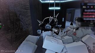 Two Shark Girls Pounce for Bent-Over Blowjob and Doggystyle Creampie in Roblox Game