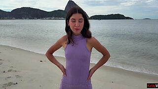 Skinny brunette from public pickup bends over for rough outdoor sex on beach