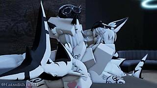 Two Shark Girls Pounce for Bent-Over Blowjob and Doggystyle Creampie in Roblox Game