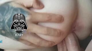 he grips both huge cocks tight guiding them into her pussy for wild double penetration orgasm in bedroom