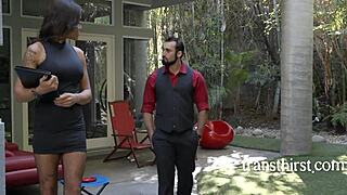tranny sneaks in to lick balls and fuck that tight ass bent over doggystyle monster cock