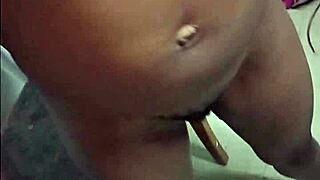 Skinny ebony babe in heels teases daddy bends over