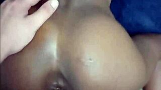 Skinny ebony babe in heels teases daddy bends over