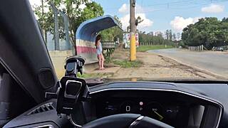 Wanna see this risky public handjob for bus stop pedestrians on her wet pussy?