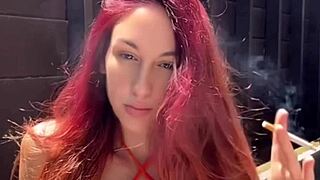Italian milf artemisia love puffs cigarette outdoors flaunting her massive saggy tits