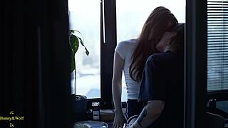 me and my redhead girlfriend started kissing on the couch then ended up licking pussy in kitchen