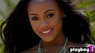 big tits ebony strips lingerie outdoors, teasing pussy for playboy